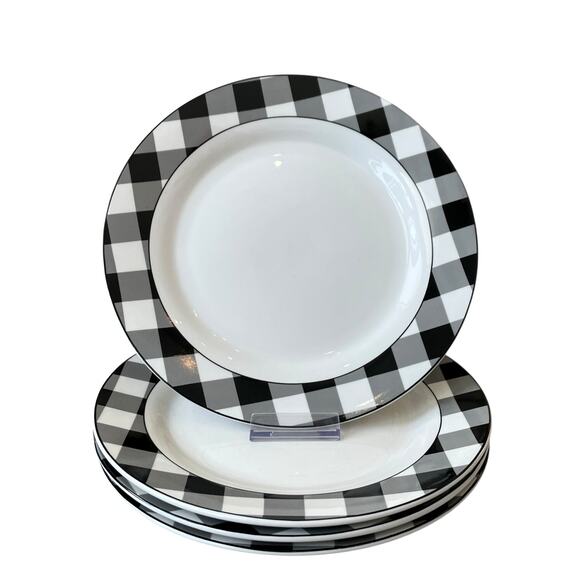 Godinger Black White Checkered Gingham Porcelain Dinner Plates 10.5" Set of 4 - Picture 8 of 13